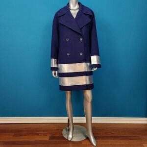 🆕️ 60's Style Navy Blue Double Breasted Coat w/ Silver Metallic Faux Leather